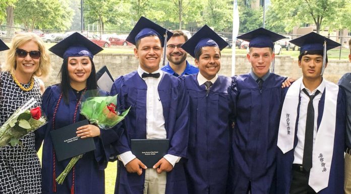 Mercer Memories: Jim Hollandsworth, DIV ’07 From left, Lupe Sevilla, Path Project co-founder Melinda Hollandsworth, Sophia Abara, Emmanual Soto, Path Project team member MacKenzie McKay, Bryan Sanchez, Luis Garcia, an unidentified student not in program, and Path Project co-founder Jim Hollandsworth are shown at South Gwinnett High School’s graduation in May 2016.