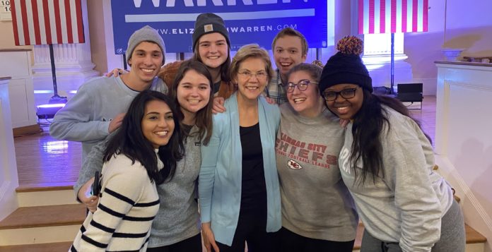 Mercer students are pictured with Democratic presidential candidate Elizabeth Warren in New Hampshire in February 2020.