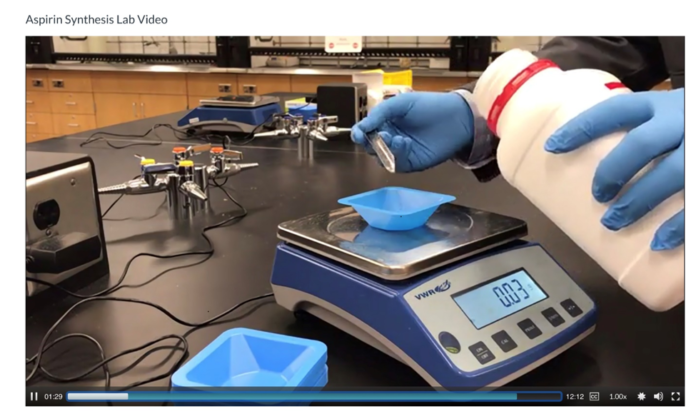 Dr. Sylvia Bridges, senior lecturer of chemistry, and Dr. David Goode, associate professor of chemistry, conduct an aspirin synthesis lab for their students' virtual courses.