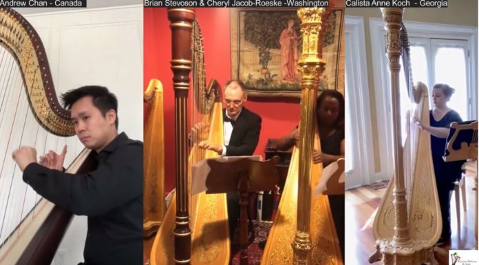 Harpist plays in international performance honoring COVID-19 victims screen grab video of harpists playing harps