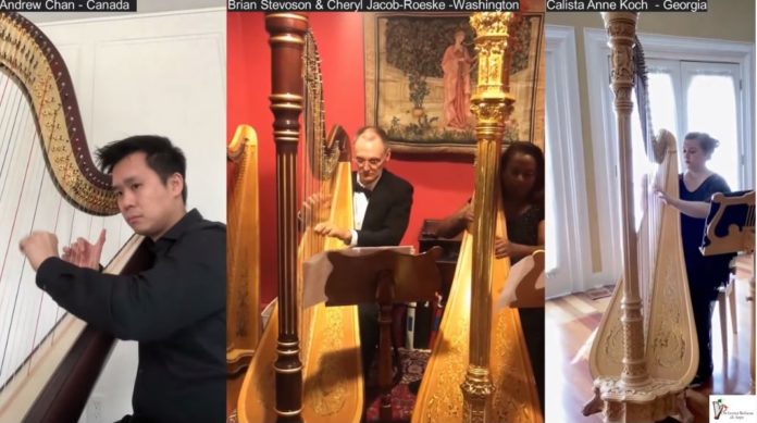 screen grab video of harpists playing harps