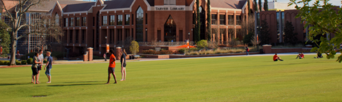 Students play a game on the grass in front of the library