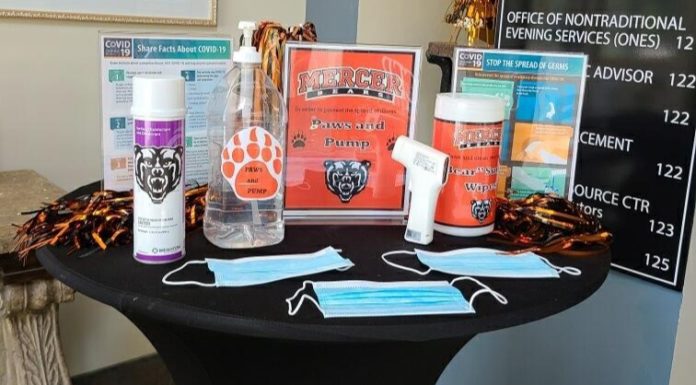 How to study on campus during COVID-19 | Ask Kelly Bears Care Station with hand sanitizer, masks and disinfecting wipes on a table