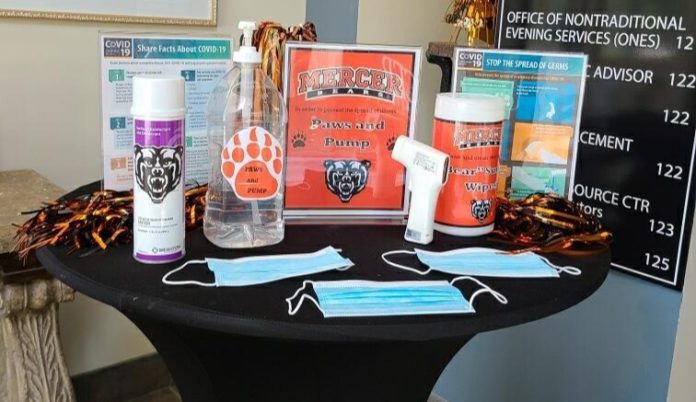 Bears Care Station with hand sanitizer, masks and disinfecting wipes on a table