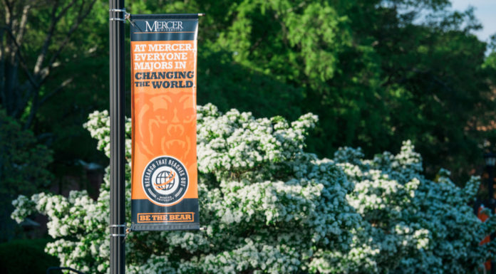 Mercer students chosen for Gilman Scholarship to study abroad Banner on campus reads: At Mercer, everyone majors in changing the world