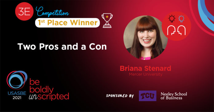 Graphic showing photo of Briana Stenard and the name of her project Two Pros and a Con