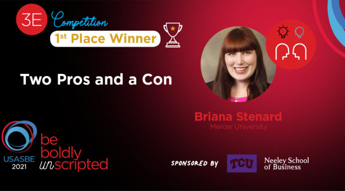 Business professor honored for classroom exercises in entrepreneurship Graphic showing photo of Briana Stenard and the name of her project Two Pros and a Con