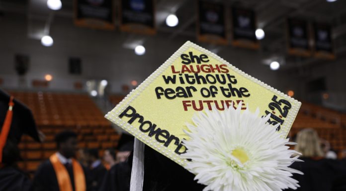 Should I pursue my master’s degree? | Ask Kelly A decorated mortar board reads: She laughs without fear of the future.