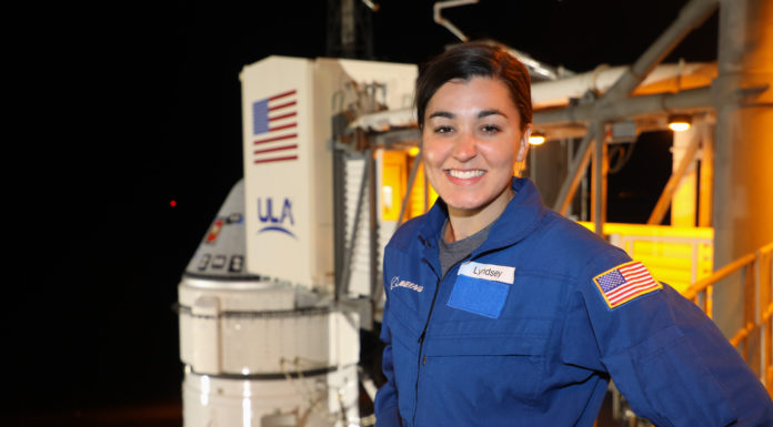 Mercer alumna works on Starliner spacecraft as engineer for Boeing Lyndsey Conley is seen during the Wet Dress Rehearsal prior to the 2019 Orbital Flight Test. Starliner is on top of the United Launch Alliance Atlas V rocket at Cape Canaveral Air Force Station in Florida. (Photo by John Proferes)