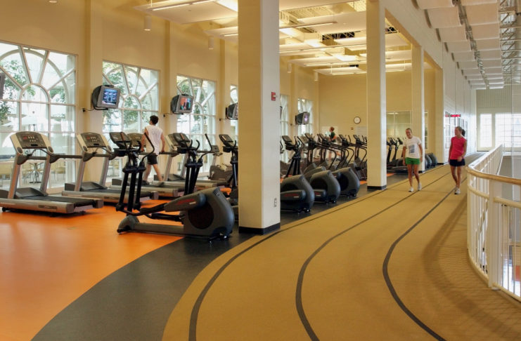 walking track, elliptical machines and treadmills in the fitness center