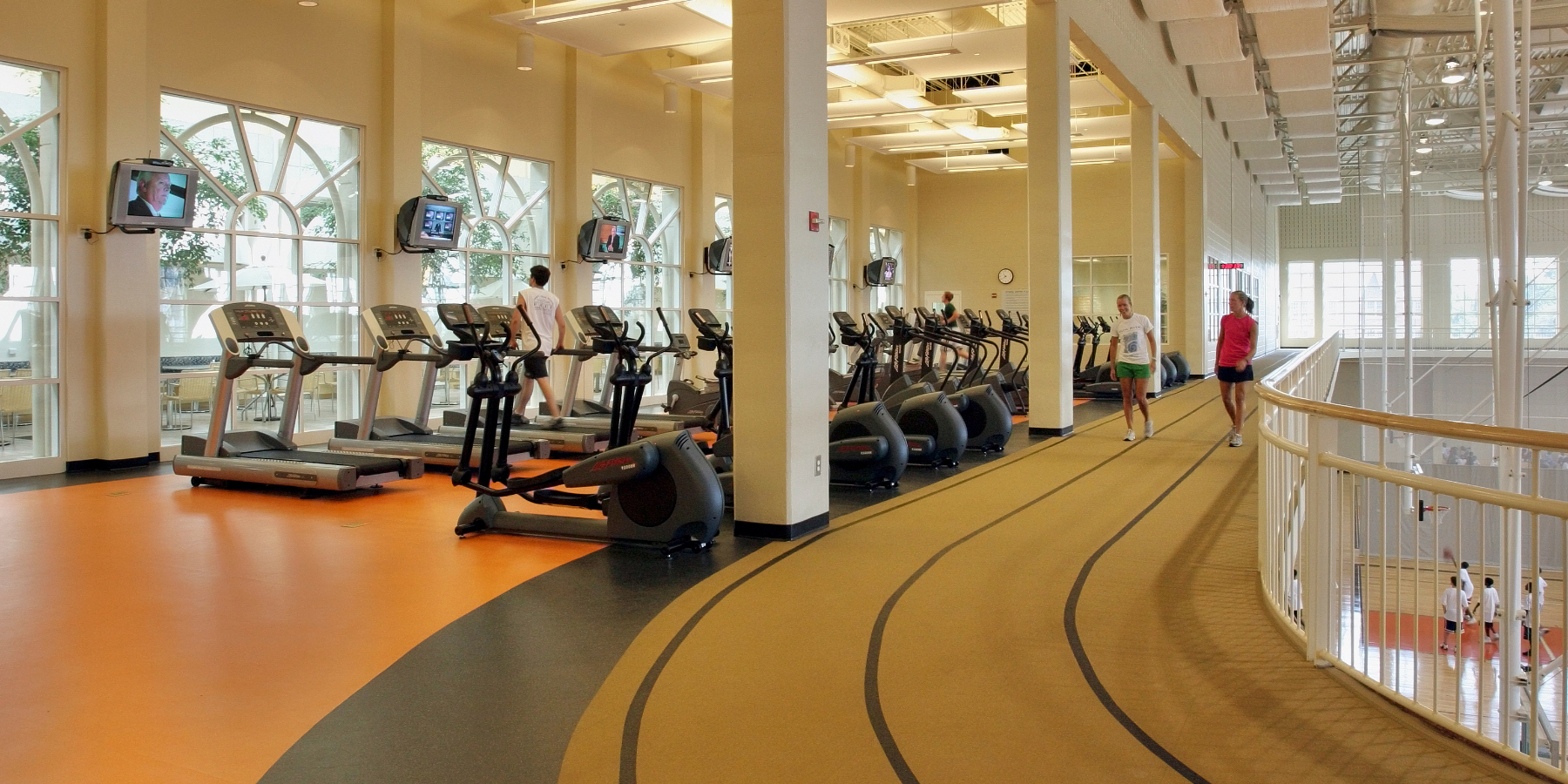 walking track, elliptical machines and treadmills in the fitness center