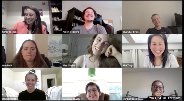 French lit students meet award-winning author during virtual class Author Kim Thúy (second row, far right) speaks with Dr. Katie Roseau (top left) and students in her French literature class.