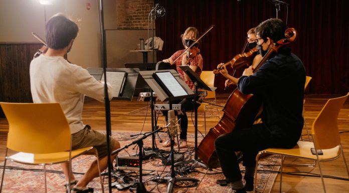 School of Music project aims to ease anxiety with transformative power of music A string quartet records in Studio B