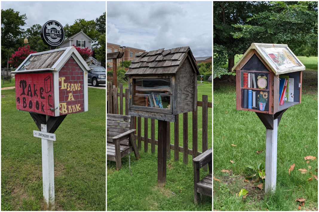 Pictured is three of the Little Free Libraries in Macon that Dr. Tom Bullington hopes to repair with his INT 201 students this fall.