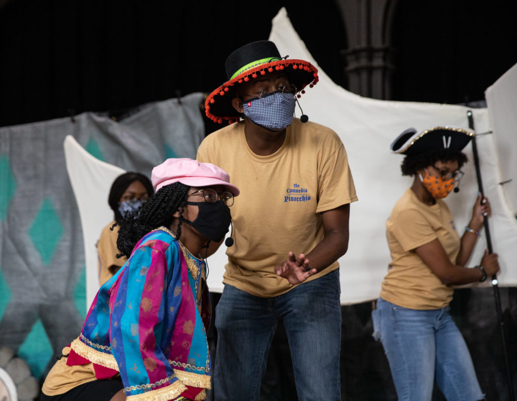 Mercer students rehearse their upcoming play, “The Commedia Pinocchio.”