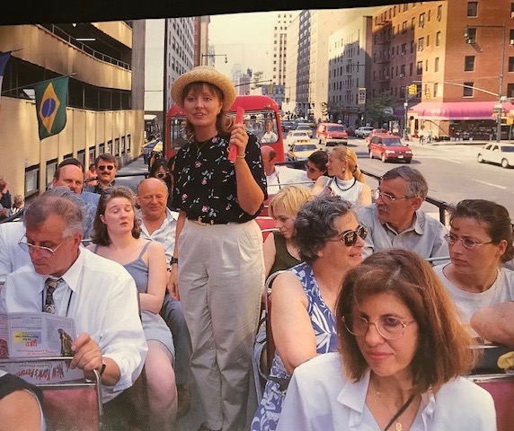 Christina Stanton leads a bus tour in New York City in 1996.
