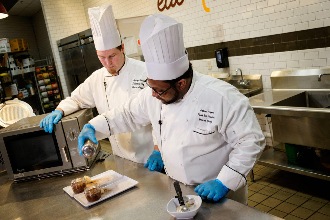 Mercer Dining Food Services Director Jarvis Napier and Executive Chef Jimmy Brown make a Brownie in a Mug.