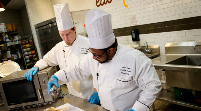 A quick, easy dessert that you don’t have to share | Cooking in the Cave Mercer Dining Food Services Director Jarvis Napier and Executive Chef Jimmy Brown make a Brownie in a Mug.