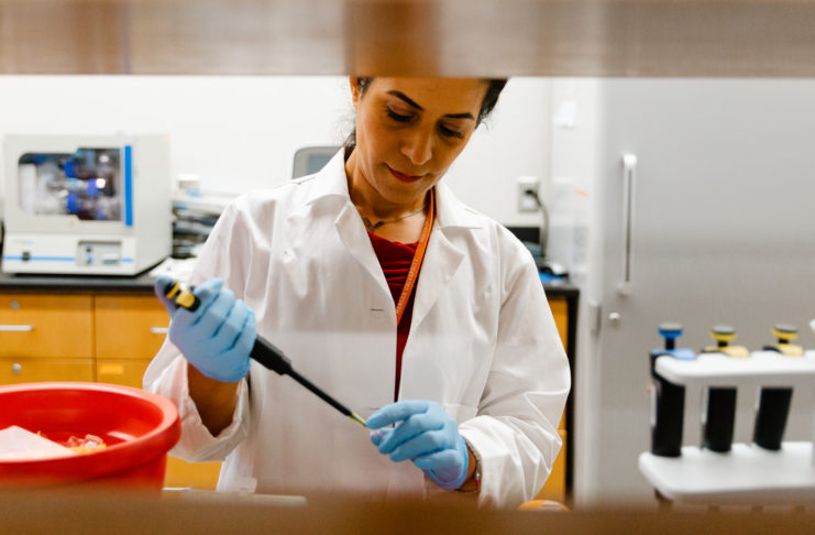 Dr. Sahar Hasim, Mercer assistant professor of biology, works in her lab.