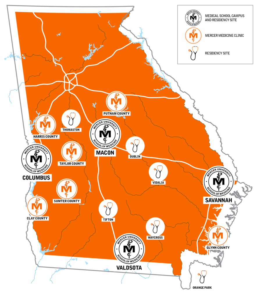 Map of Georgia showing medical school campuses and residency sites in Macon, Savannah, Columbus and Valdosta; Mercer Medicine clinics in Harris County, Putnam County, Taylor County, Sumter County, Clay County and Gynn County; and residency sites in Thomaston, Dublin, Vidalia, Tifton, Waycross and Orange Park, Florida.