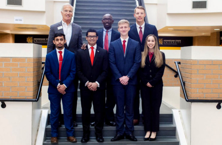 Mercer's team won the Chartered Financial Analyst Institute Southern Classic Research Challenge in 2022. Front row (l-r): Premkumar J. Patel, Mark Bearden, Colin J. Lynch and Carolina Vilomar. Back row (l-r): industry mentor George Hauptfuhrer, faculty mentor Dr. Geoffrey Ngene and Martin Plukka. Photo courtesy Dr. Geoffrey Ngene