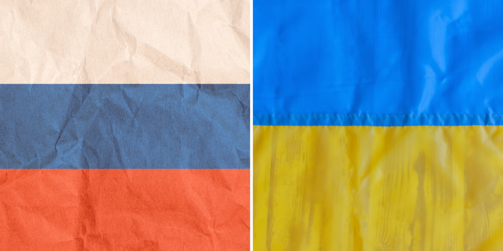 russian flag on left; ukraine flag on right