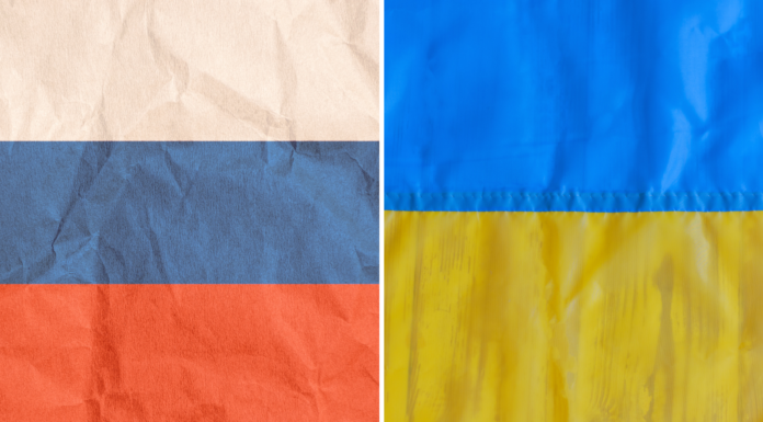 Tumultuous past of Russia, Ukraine helps explain invasion, Mercer professor says russian flag on left; ukraine flag on right