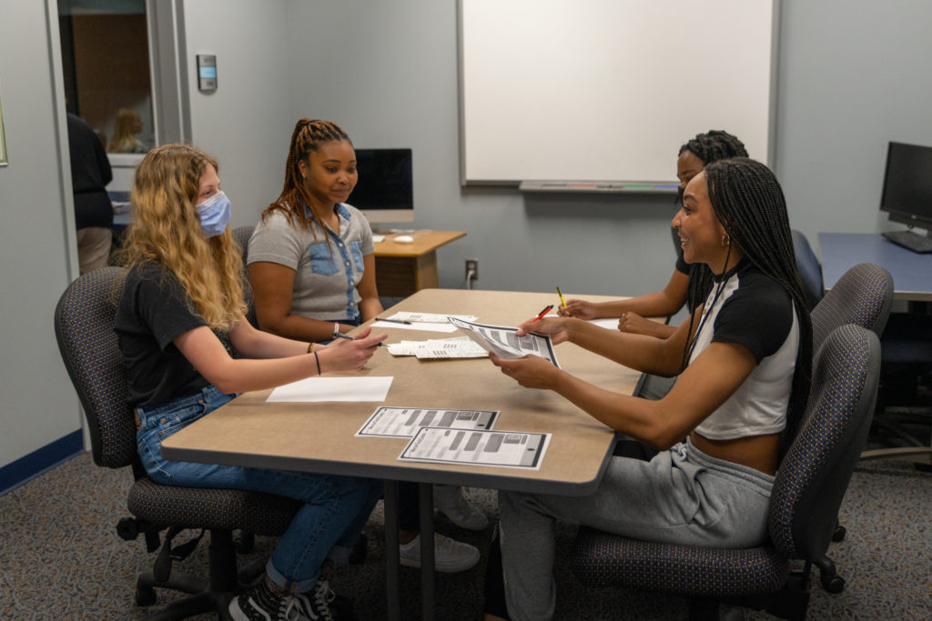 Students in Dr. Pam Brewer's undergraduate usability course work in the usability lab in the Science and Engineering Building. 