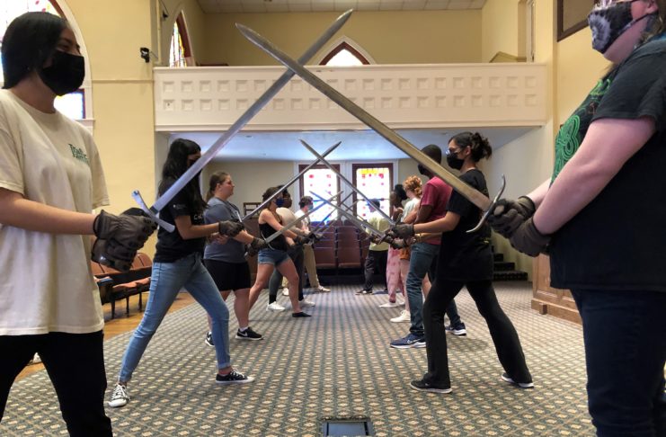Mercer theater students learn how to sword fight in their stage combat course with theater director Scot Mann.