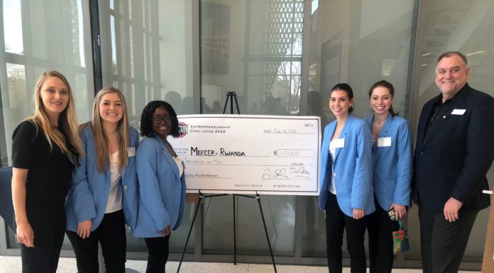 Mercer students win nonprofit division of SoCon Entrepreneurship Challenge From left, Dr. Laura Boman, Martha Corrin Thompson, Aaryanna Mercer, Emma Drash, Olivia Korta and Dr. Marko Horn are shown at the SoCon Entrepreneurship Challenge at the Citadel in February 2022.
