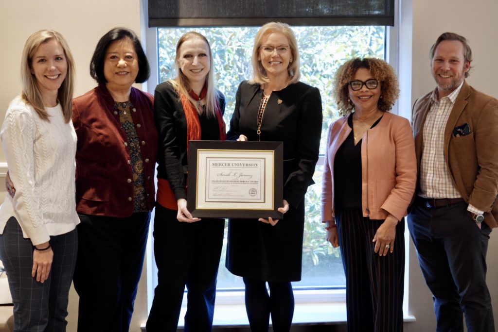 Sarah Janusz (third from left) is pictured with Dr. Penny Elkins (fourth from left), senior vice president of enrollment management, and Bear Excellence Committee members Cindy Strowbridge, Sharon Lim, Brenda Austrie-Cannaday and Nathan Cost.