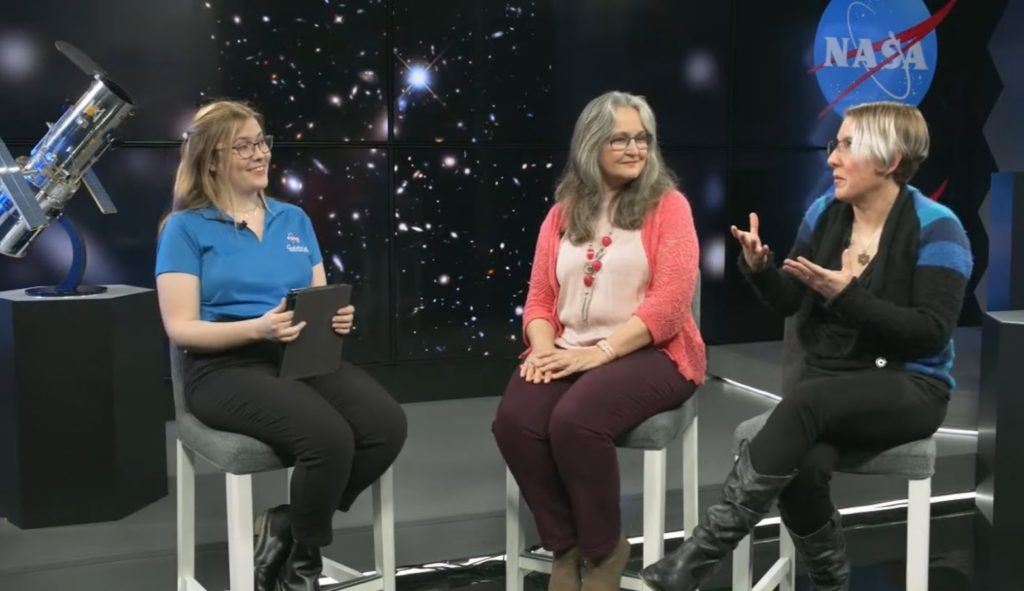 Elizabeth Tammi, left, interviews NASA scientists for a live stream in early 2022.