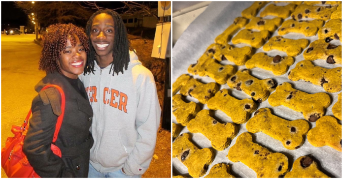 At left, Kia and Daniel Pascal when they were Mercer students. At right, Dulces de Luna dog biscuits on a baking pan.