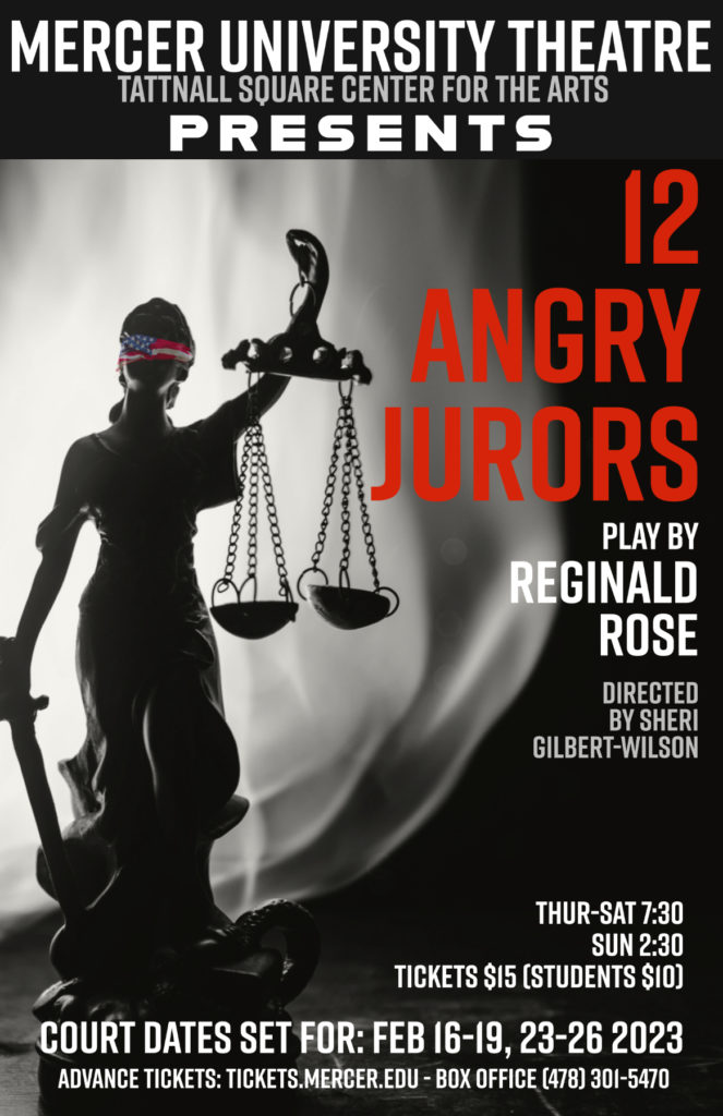 poster for 12 angry jurors features a female statue holding the scales of justice. her eyes are blindfolded with an american flag