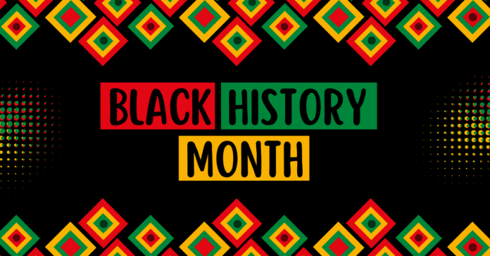A graphic with the words Black History Month and diamonds in the colors red, green and yellow.