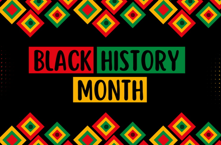A graphic with the words Black History Month and diamonds in the colors red, green and yellow.