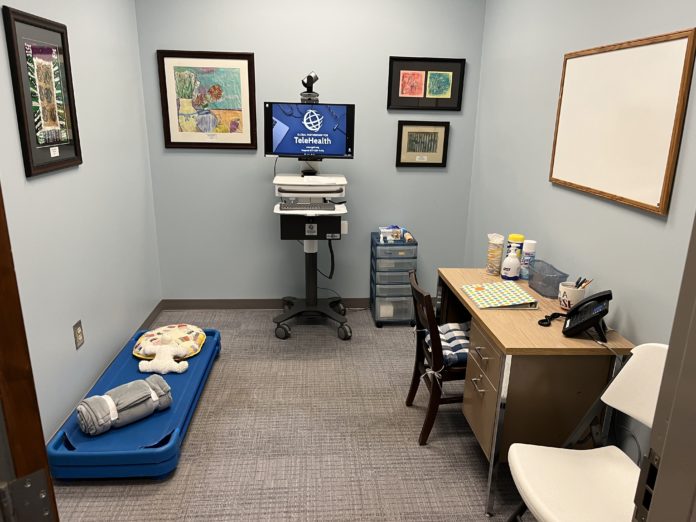 Telehealth equipment is seen inside the nurse's office at a Harris County school.