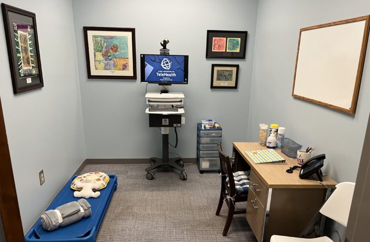 Telehealth equipment is seen inside the nurse's office at a Harris County school.