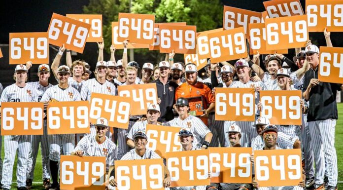 With 649 wins, Craig Gibson is now winningest coach in Mercer baseball history baseball players hold multiple signs that say 649