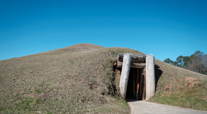 Celebrate Macon’s nature, history and community during Trails Day A view of an Indian mound with an entrance made of logs.