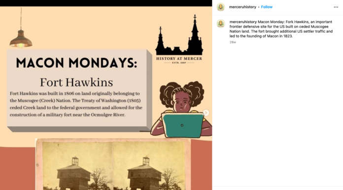 Professor wins EXPy Award for supervising students’ digital history project Macon Mondays Instagram post on Fort Hawkins