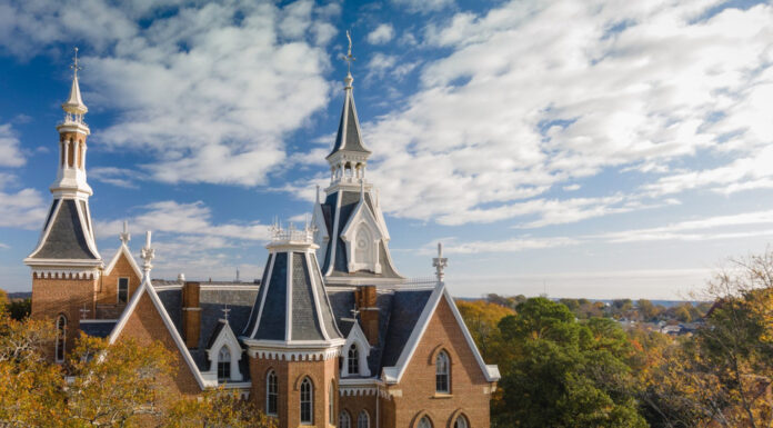 Mercer awarded grant to strengthen character education across University Aerial view of the Mercer Administration Building, a stately brick structure with spires.