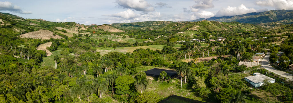 A scenic view of an area with lush green trees and mountains.