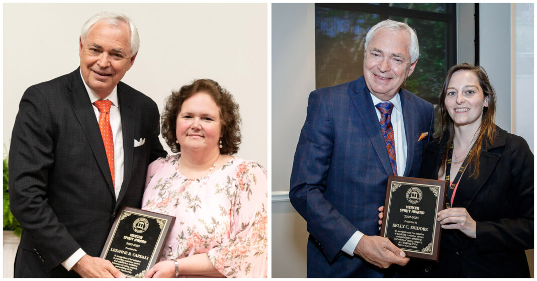 A collage photo shows the Mercer president with each of the two award winners.
