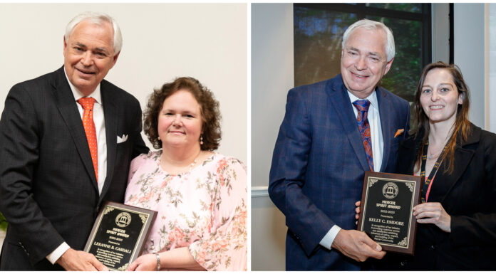 LeeAnne Cardali and Kelly Esidore honored with Mercer Spirit Awards A collage photo shows the Mercer president with each of the two award winners.