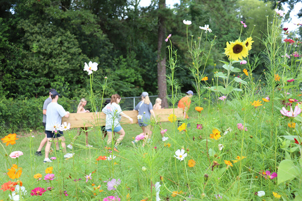students carry a wooden board past flowers