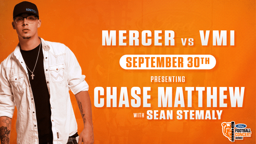 photo of chase lasher on an orange background. to the right, it says mercer vs. vmi, september 30th, presenting chase matthew with sean stemaly