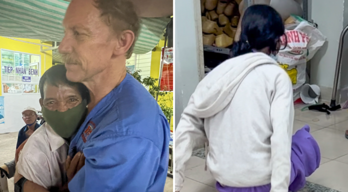 Amid unfixable brokenness, I saw the face of God in Vietnam Left photo shows a man in scrubs hugging a vietnamese man. right photo shows the back of a woman on the ground