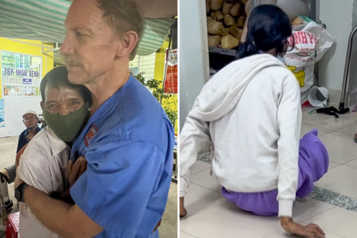 Left photo shows a man in scrubs hugging a vietnamese man. right photo shows the back of a woman on the ground