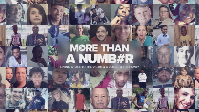 A collage with the faces of homicide victims, with the words 